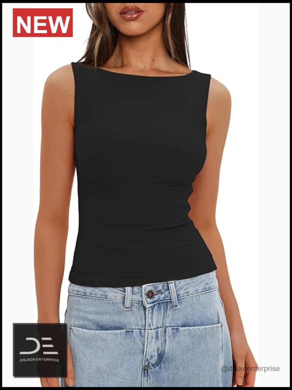 Sleeveless Boat Neck Double Lined Tank Top 4-Way Stretch Basic Cami Summer